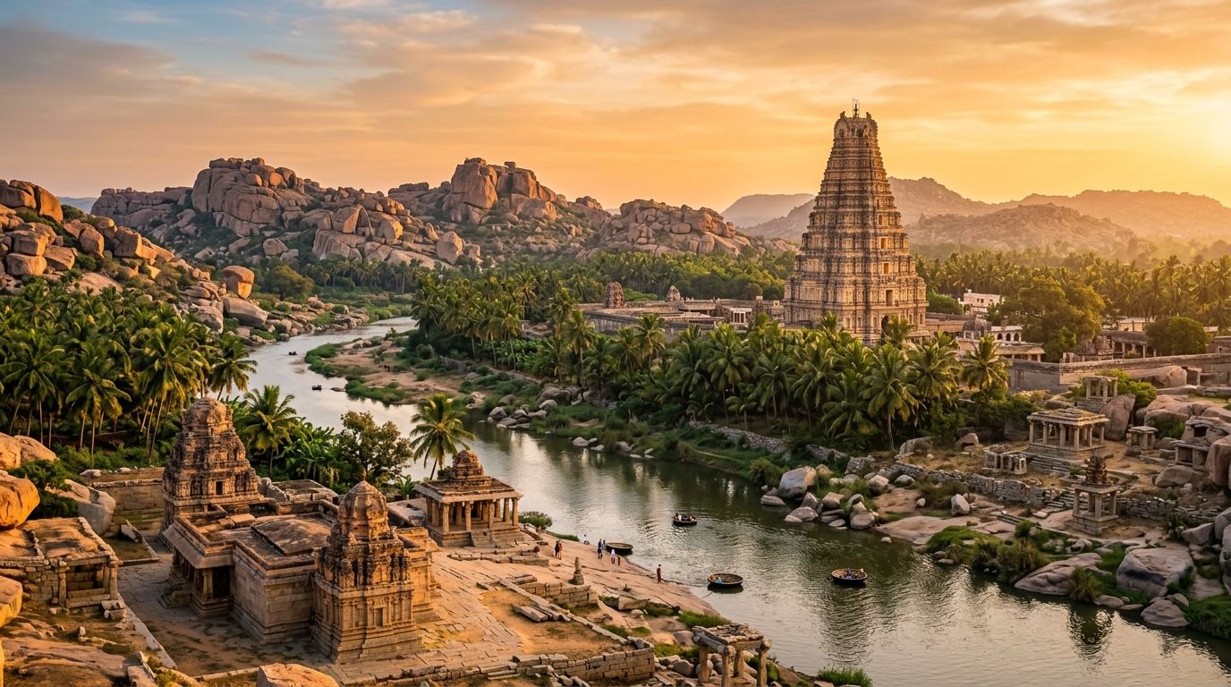 Sunset over Hampi boulder mountains, Virupaksha gopuram and river temples