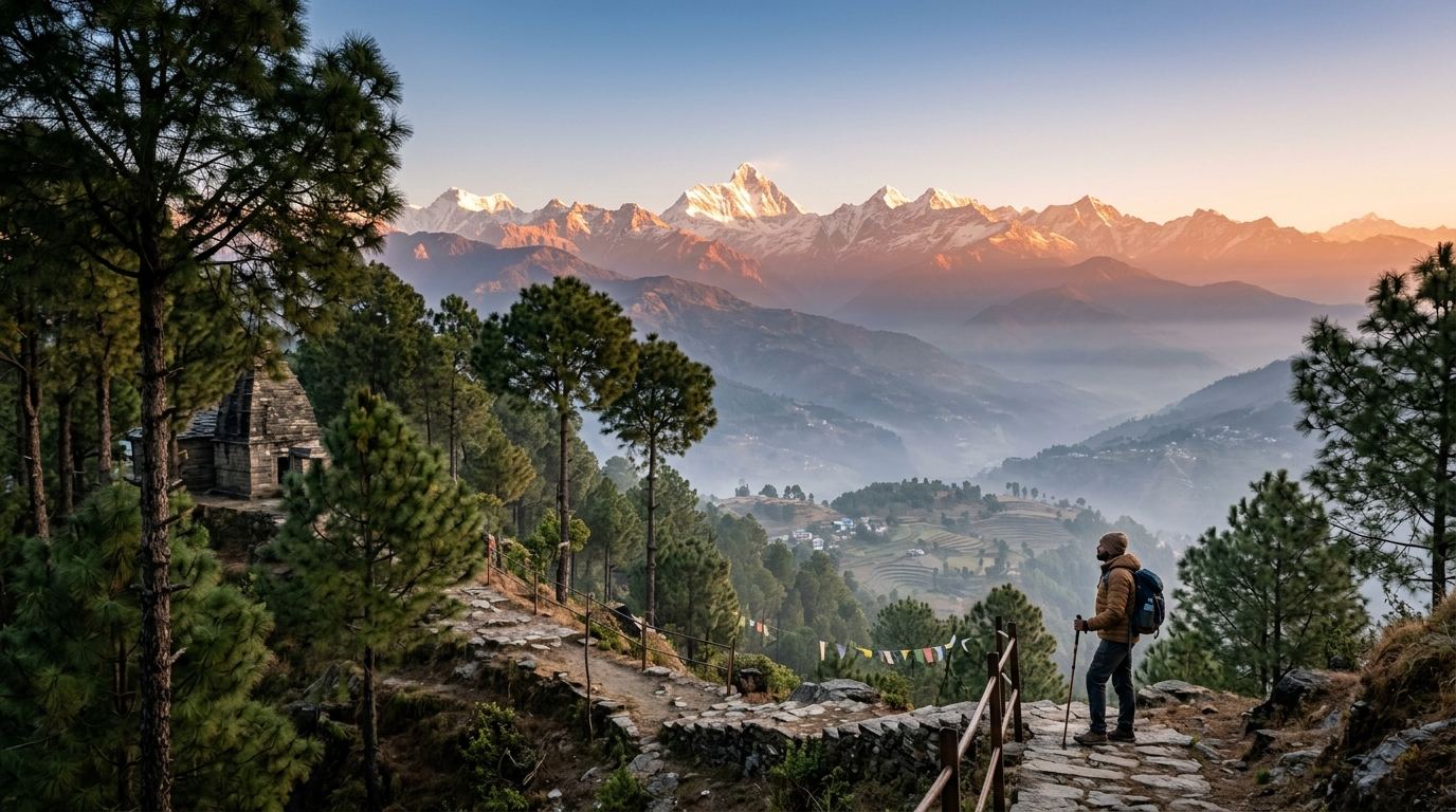 Kasar Devi pine forest ridge looking out at Nanda Devi peaks, Kumaon