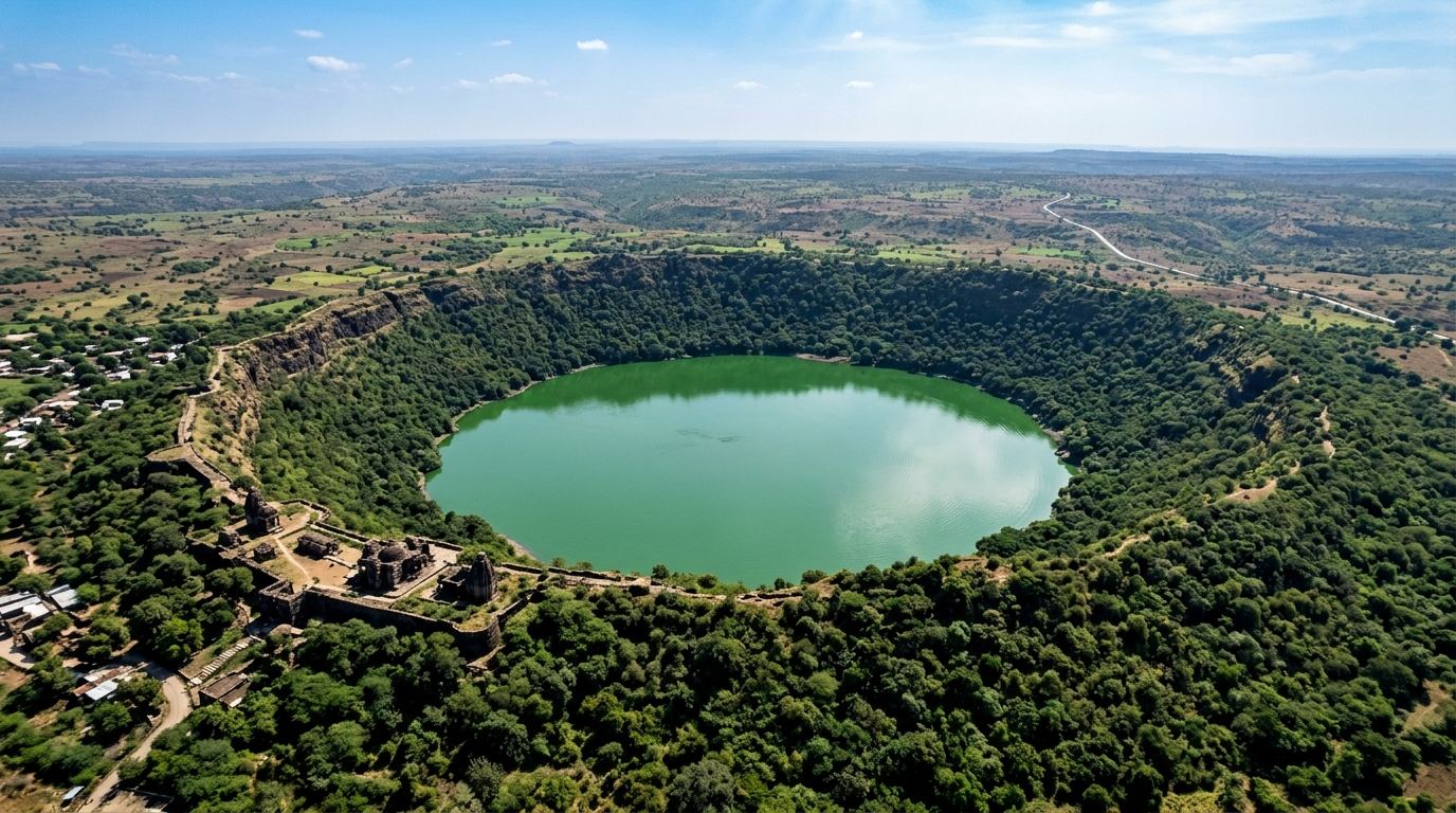 Lonar meteorite crater lake basin in Maharashtra