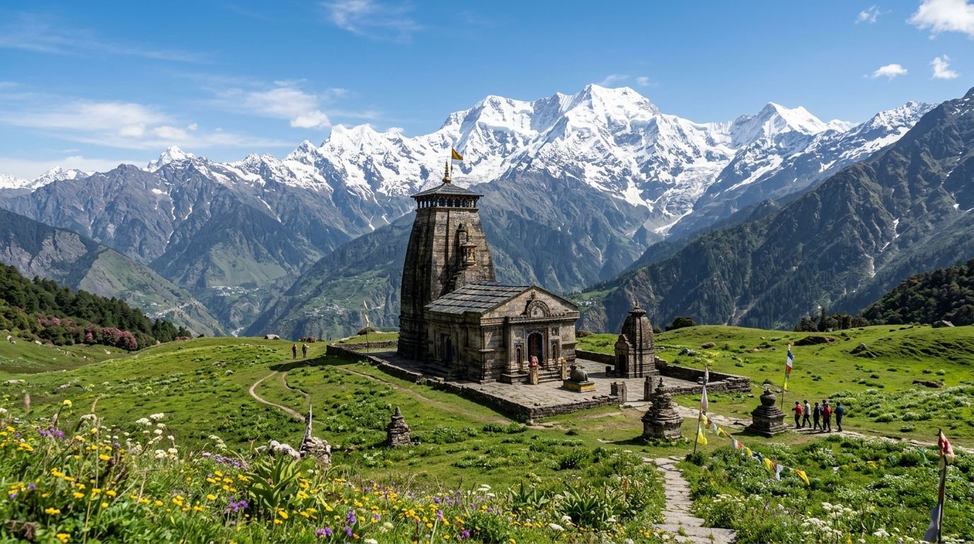 Madhyamaheshwar Panch Kedar stone temple on Bugyal meadow under Chaukhamba