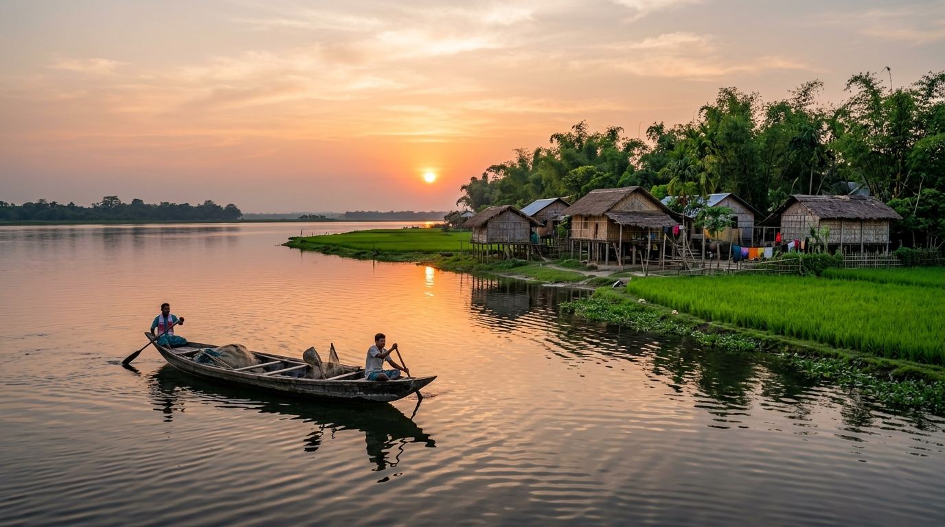 Quiet waters and wooden country boats of Majuli island, Assam