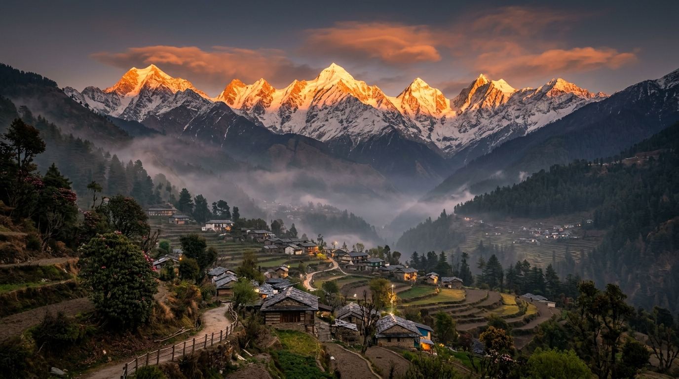 Panchachuli five snow peaks over Munsiyari mountain town, Kumaon