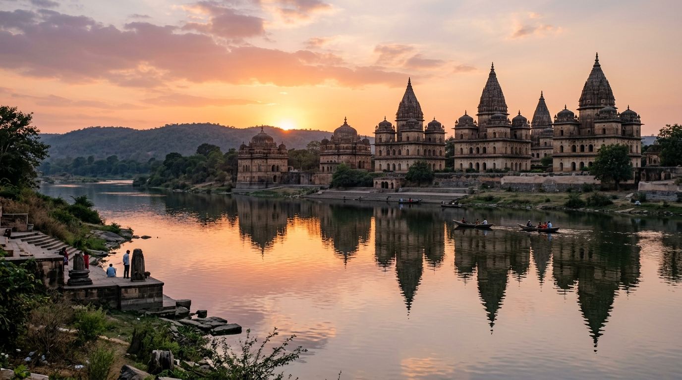 Beautiful Bundelkhand stone chhatris on Betwa river in Orchha